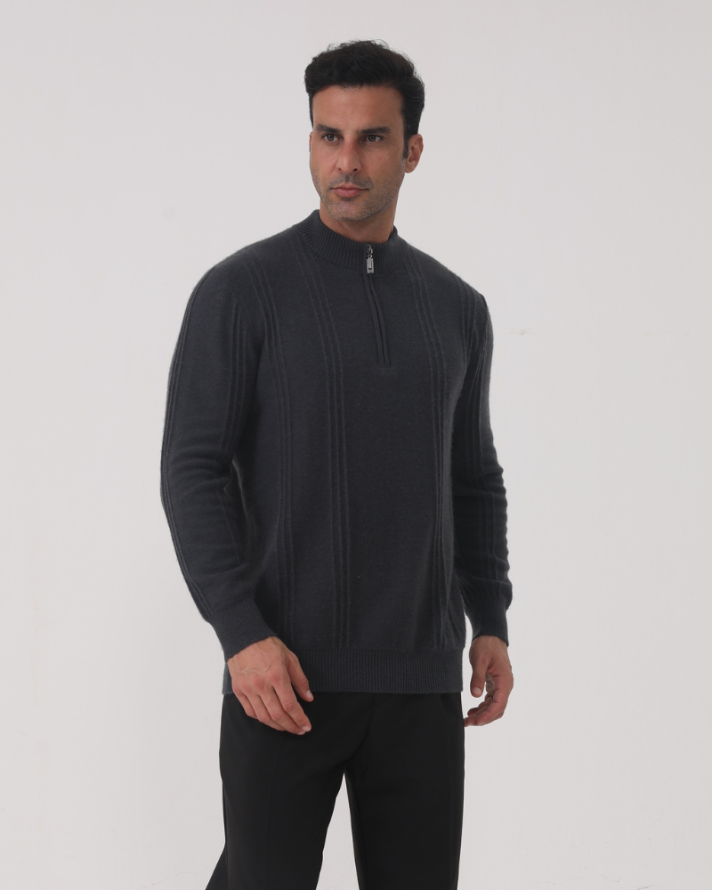 Pullover aus 100 % Kaschmir mit halbem Reißverschluss und Rippstrick - Milano®